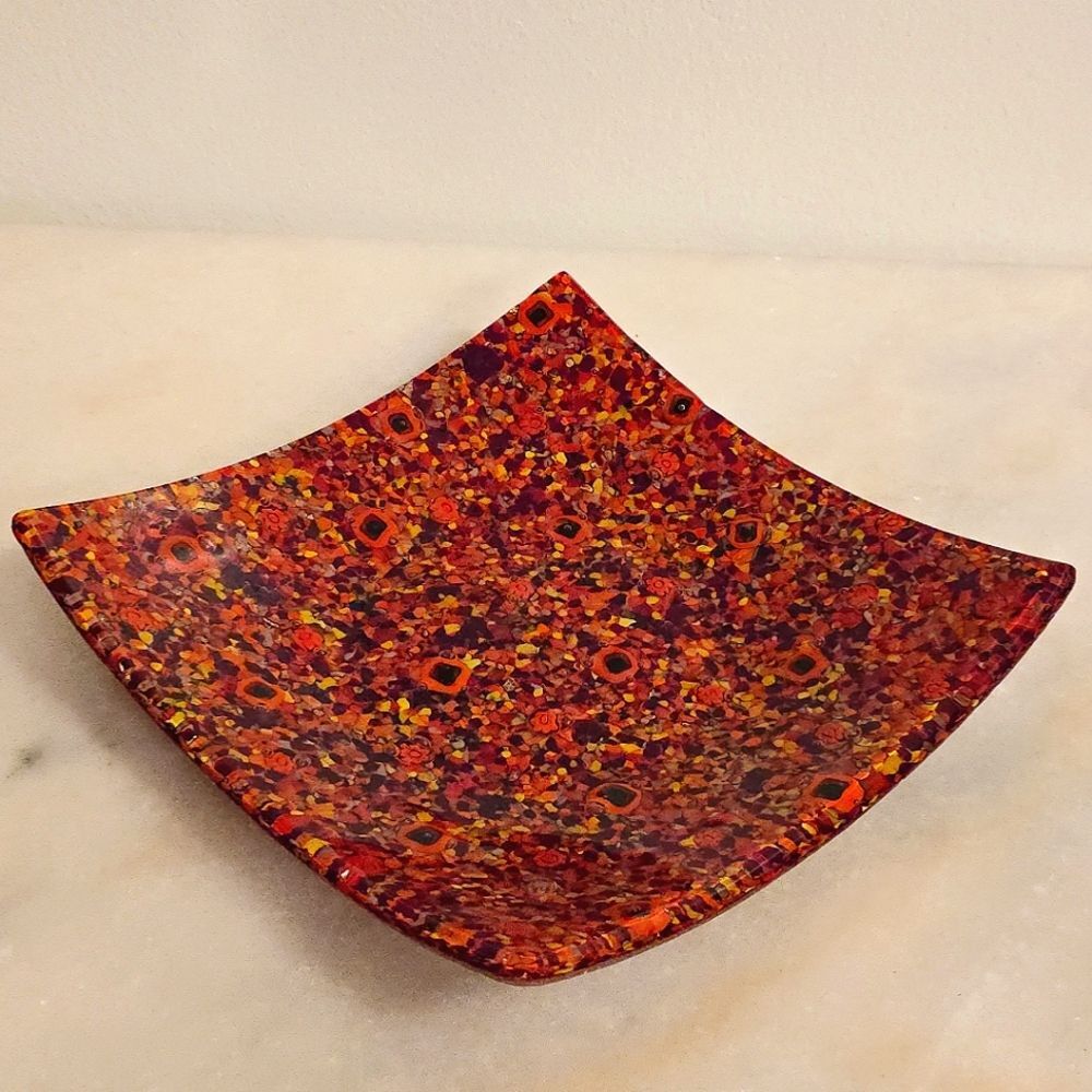 Mixato Red Orange Square Murano Glass Trincket Dish Plate
